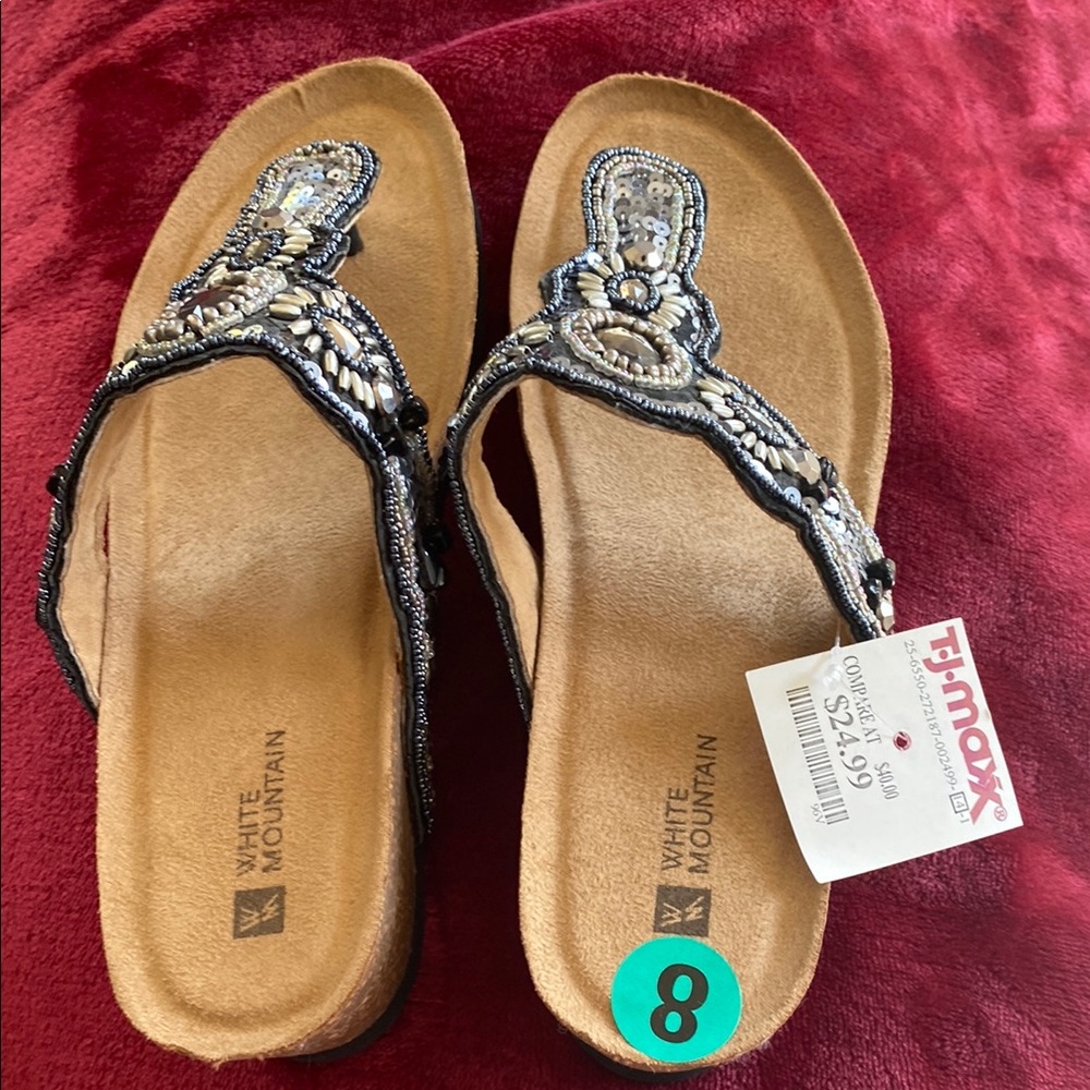 White Mountain Black and Tan Sandals with Comfortable Flat Sole